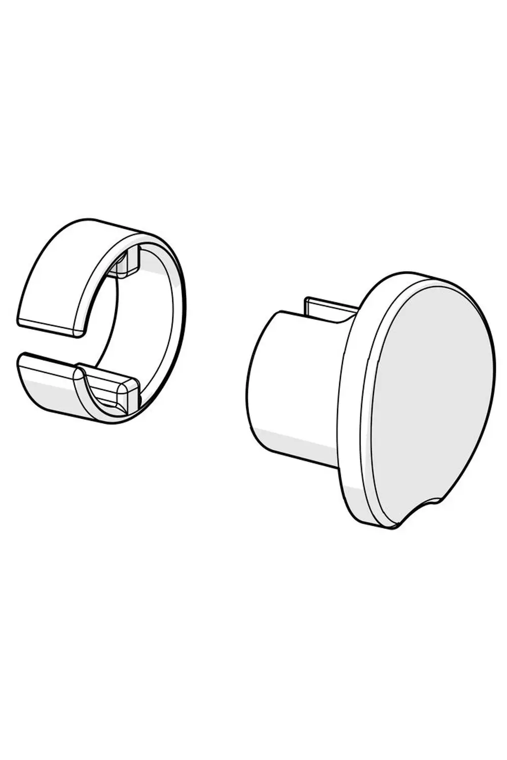 Zwei Abdeckstopfen von HANSA, einer rund und flach, der andere halbrund und offen. Beide Teile aus Kunststoff mit einfachen, funktionalen Formen.